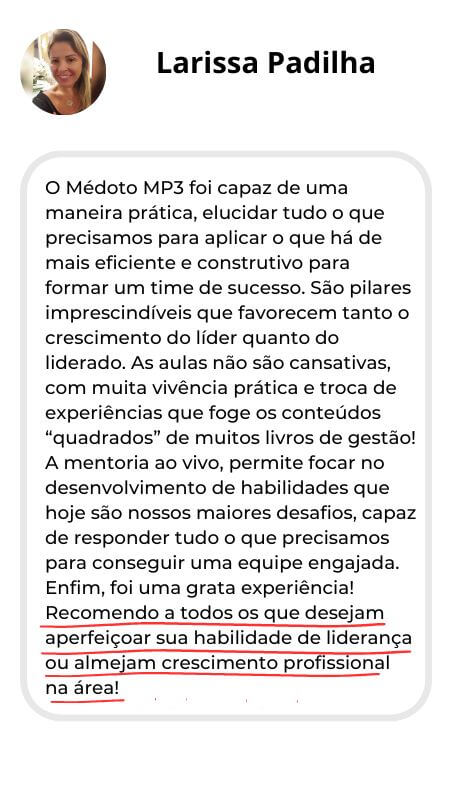 Larissa Padilha aluna do Método MP3 de liderança humanizada