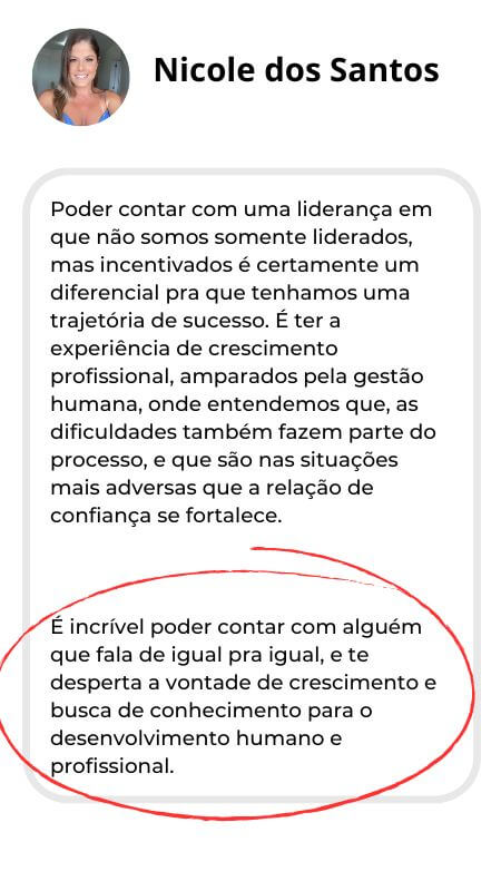 Nicole dos Santos aluna do Método MP3 de liderança humanizada